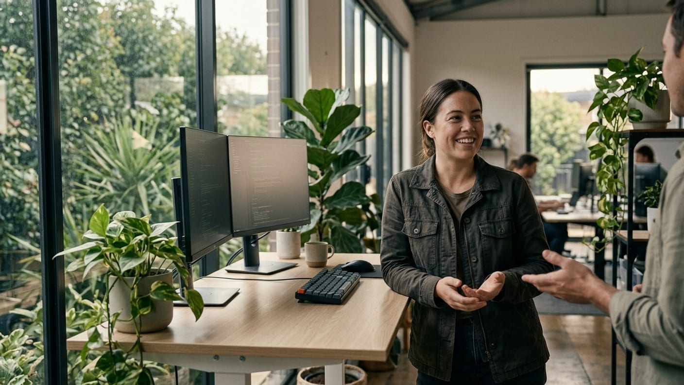 A developer at a standing desk beside a plant-filled window, turning to talk to a colleague.